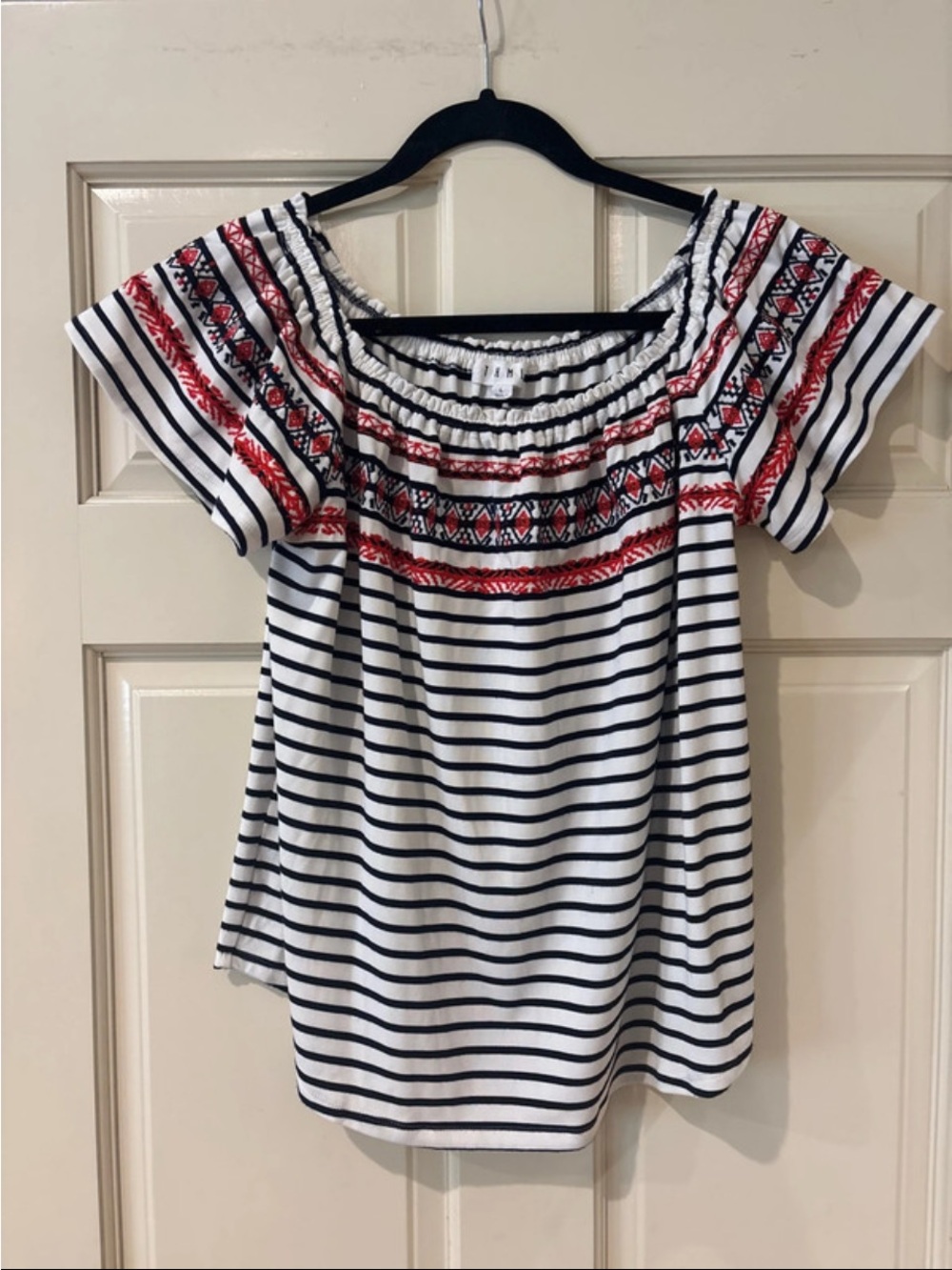 THML White and Black Striped Off-Shoulder Top with Red Embroidery